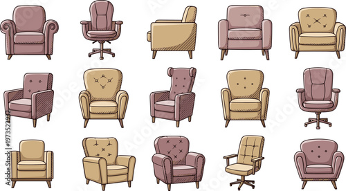 Furniture Collection of 15 Different Armchair and Office Chair Designs Featuring Upholstered, Modern, and Vintage Styles for Home and Office Decor