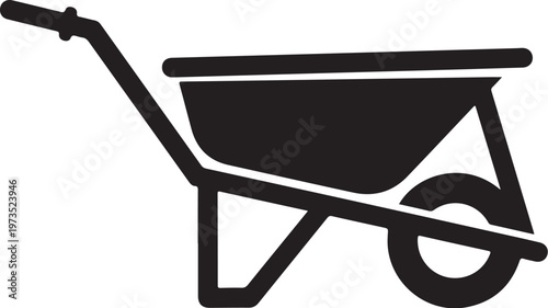 Black wheelbarrow icon, construction symbol, gardening tool, vector illustration