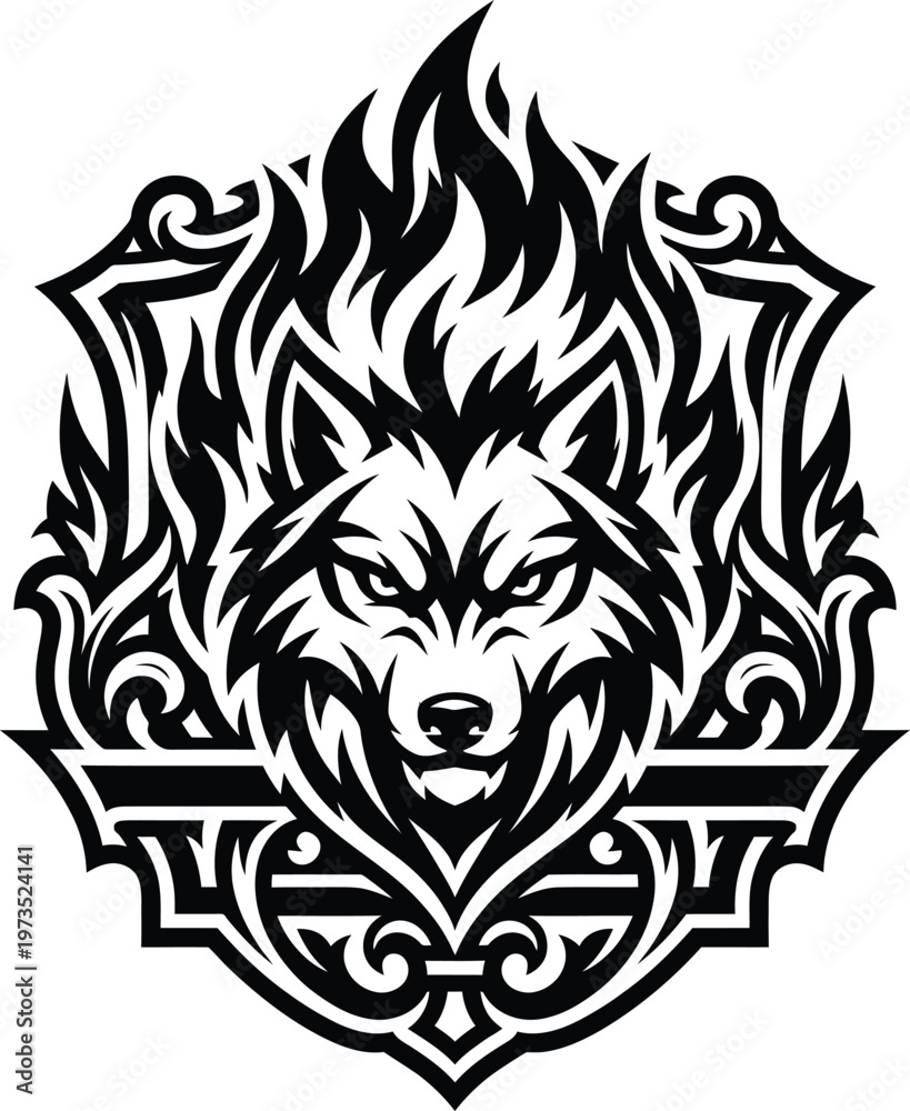 Fototapeta premium Striking wolf head emblem with fiery tribal patterns and ornate decorative elements, a powerful black and white graphic design illustration.