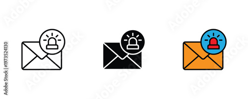 Sealed envelope with a red emergency siren alarm icon set in thin line art, solid black, and vibrant orange styles for urgent mail, priority notifications, and security alerts. Vector Illustration.