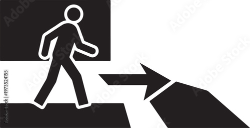 Black and white exit sign, directional arrow, evacuation symbol, vector icon