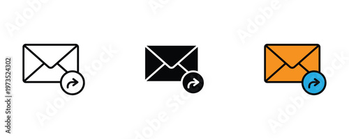 Sealed envelope with a forward arrow symbol icon set in thin line art, solid black, and vibrant orange styles for sent mail, forwarded messages, and communication notifications. Vector Illustration.