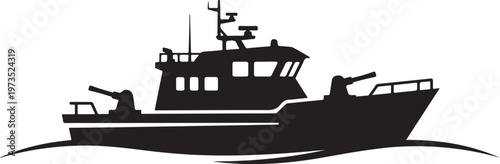 Black boat silhouette, vector fishing boat, nautical icon, watercraft symbol
