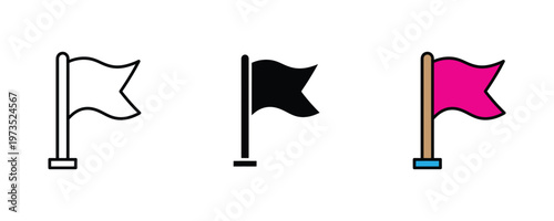 Waving flag on a pole icon set in thin line art, solid black, and vibrant pink styles for goal achievement, destination point, and success markers. Vector Illustration.