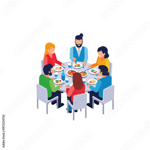 Group of People Enjoying a Meal Together at a Round Table.