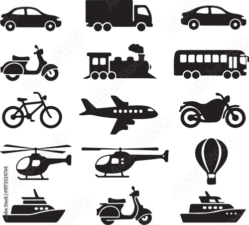 Various Transportation Vehicles Icons in Black and White