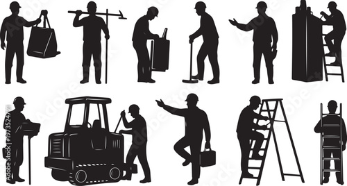 Silhouettes of workers in various labor positions