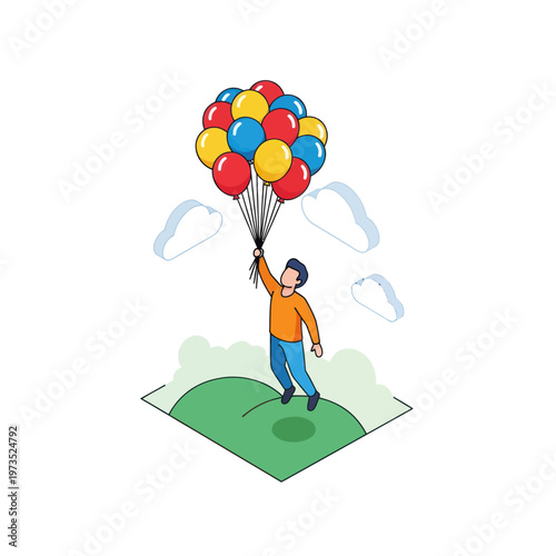 Man Flying with Balloons - A Whimsical Isometric Illustration.