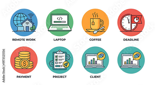 Remote work setup with laptop, coffee, payment, project, client, and deadline icons on a clean background, illustrating modern business operations
