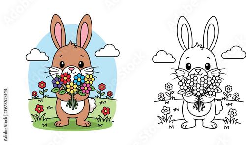 Cute Bunny Holding Flower Bouquet Illustration and Coloring Page for Kids Activity Spring and Easter Themed Vector Art