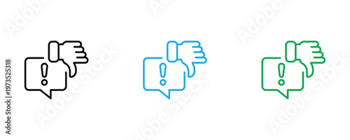Hand giving a thumbs down gesture with an exclamation mark speech bubble icon set in thin line art, blue, and green styles for negative feedback, customer dissatisfaction, and warning concepts. Vector