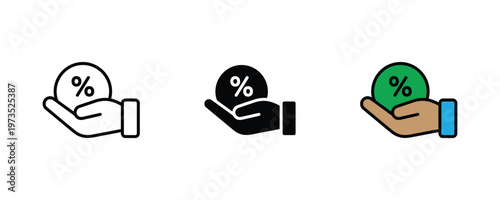 Human hand holding a percentage coin icon set in thin line art, solid black, and vibrant multicolored styles for discount offers, interest rates, and commission concepts. Vector Illustration.