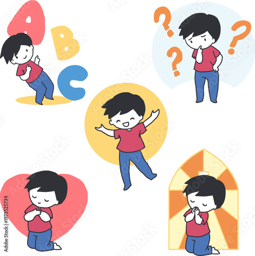 Children Learning and Spiritual Concept Art Set. Ideal for children education materials, emotional learning, faith based content, storytelling, posters, and character design.