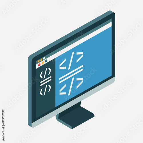 Isometric Computer Monitor Displaying Code, Software Development Concept.