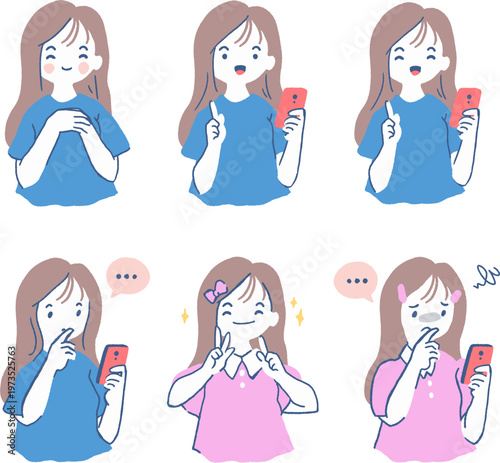 Girl Emotion Expression Set Using Smart Phone. Perfect for social media concepts, communication themes, mobile app UI, lifestyle illustrations, emotion education, and character design projects.