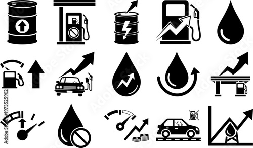 Black icons of oil, Gas, And fuel price increase concepts with arrows and graphs