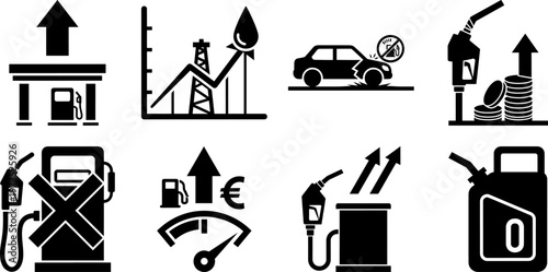 Fuel price increase icons set, Gas station, Oil, Car, Money, And energy crisis symbols