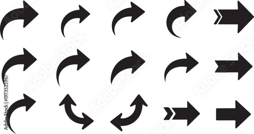 Collection of various black arrow icons on white