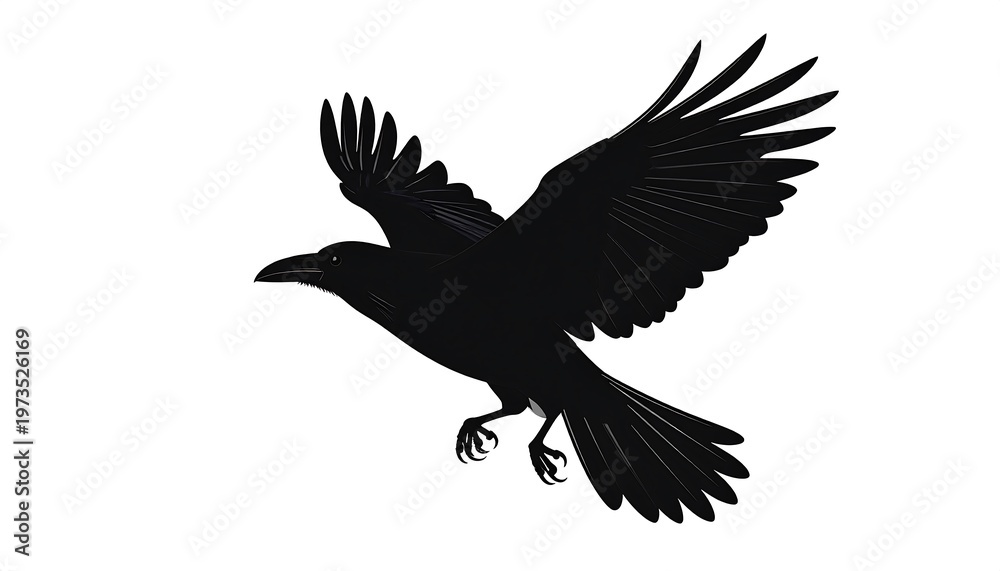 Obraz premium A solid black avian silhouetted mid-flight, wings spread wide against a stark white backdrop. The detailed feathers are clearly defined