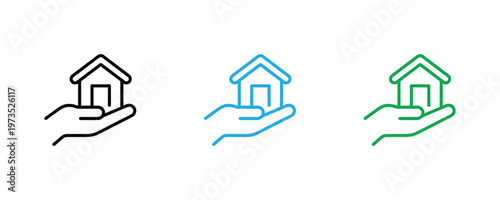 Human hand holding a small house icon set in black, blue, and green outline styles for real estate, property management, and home insurance concepts. Vector Illustration.