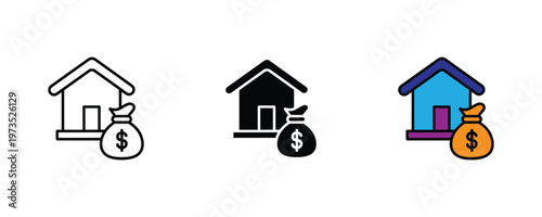 House building with a dollar money bag icon set in thin line art, solid black, and vibrant multicolored styles for real estate investment, home loans, and property sale concepts. Vector Illustration.