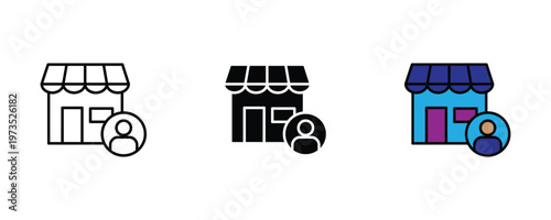 Retail store building with a user profile icon set in thin line art, solid black, and vibrant blue-purple styles for small business ownership, local shop management, and merchant account concepts.