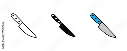 Sharp professional kitchen chef knife icon set in thin line art, solid black, and vibrant blue-grey styles for cooking, culinary arts, and restaurant equipment concepts. Vector Illustration.