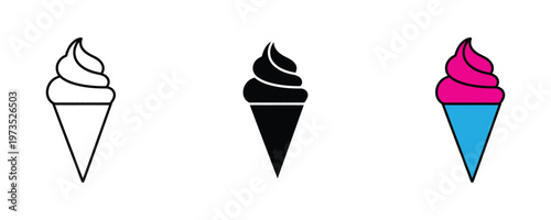 Soft serve ice cream waffle cone icon set in thin line art, solid black, and vibrant pink-blue styles for summer desserts and sweet snack concepts. Vector Illustration.