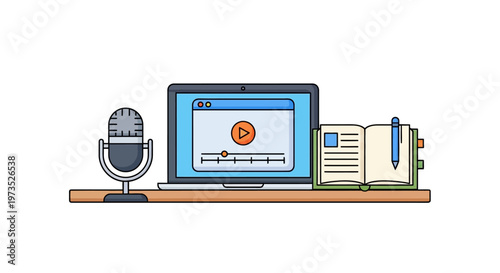 Microphone and computer on desk.