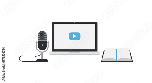 Microphone Laptop and Open Book.