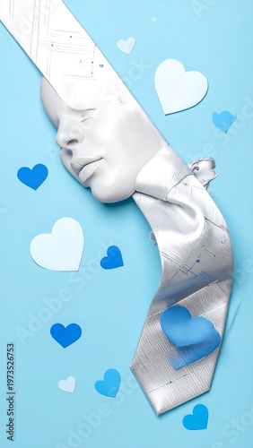 Artistic depiction of a faceless head seemingly bound by a light-colored tie, with scattered heart shapes on blue
