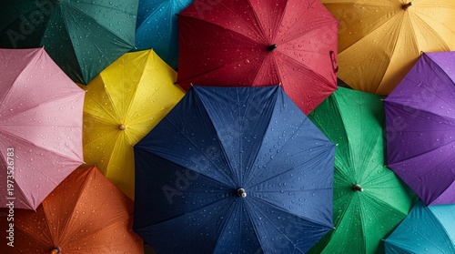 Top View of Vibrant Colorful Umbrellas with Raindrops in a Crowded Pattern