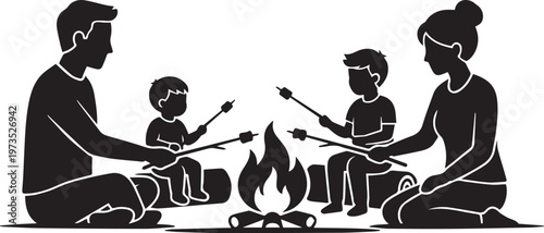 Family Camping Around Campfire Outdoor Silhouettes