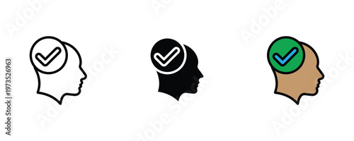 Human profile head with verified checkmark seal icon set in thin line art, solid black, and vibrant green styles for user authentication, approved member, and identity verification concepts. Vector Il