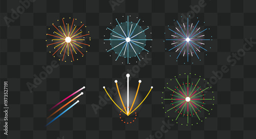 Colorful Firework Burst Icons Isolated On Dark Grid Background With Various Light Effects And Rocket Trails For Celebration Event Graphic Design