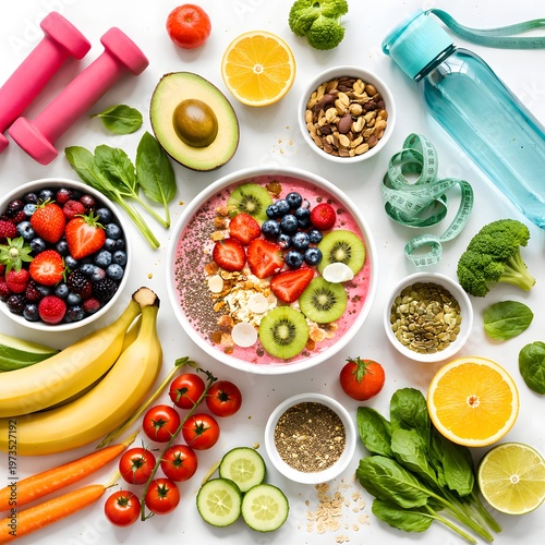 Healthy food and fitness concept with fresh fruits, vegetables and smoothie bowl flat lay