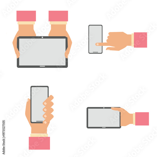 Flat Illustration of Hands Holding Smartphone and Tablet Devices Set