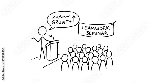 Stick Figure Business Presentation at Teamwork Seminar with Growth Chart and Audience Illustration