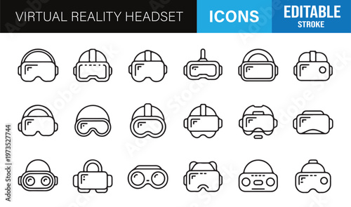 Minimal virtual reality headset icons pack for UI UX design featuring immersive tech symbols