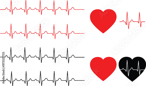 Heart rate monitor electrocardiogram vector icons set with red and black heartbeat lines. Vector