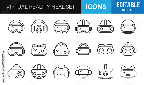 VR goggles and wearable device icon collection in outline style for apps, gaming and digital interfaces