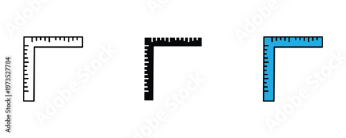 Technical L-square corner ruler icon set in thin line art, solid black, and vibrant cyan blue colors for carpentry, engineering, and precision measurement concepts. Vector Illustration.