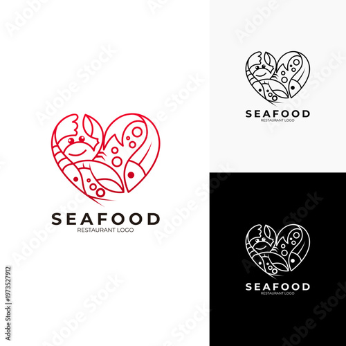 Love logo and seafood design combination, line style logos