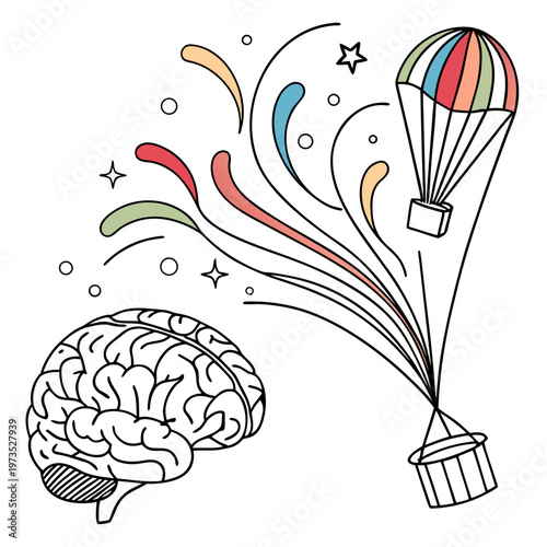A colorful hot air balloon ascends alongside a detailed illustration of a human brain representing creative thought high quality professional