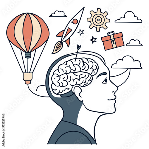 A creative mind envisions soaring ideas of travel innovation and gifts represented by a hot air balloon and rocket