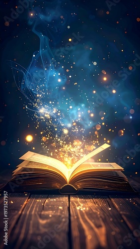 An open, illuminated book on a wooden surface, with ethereal golden particles and blue smoke emanating from its pages. The background is dark and starry