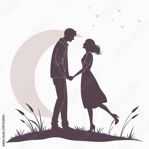 A silhouetted couple stands lovingly facing each other holding hands beneath a large crescent moon and sprinkled hearts high quality