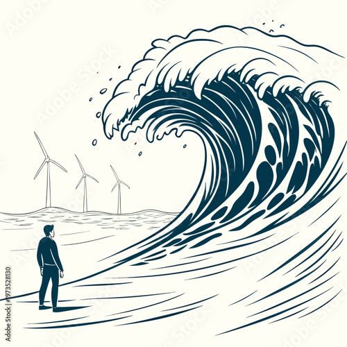 A solitary figure gazes at a massive stylized wave crashing near a field of wind turbines depicting a contrast between nature and
