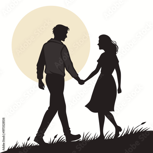 A silhouetted couple walks hand in hand across a grassy hill beneath a large pale circular backdrop suggesting romance