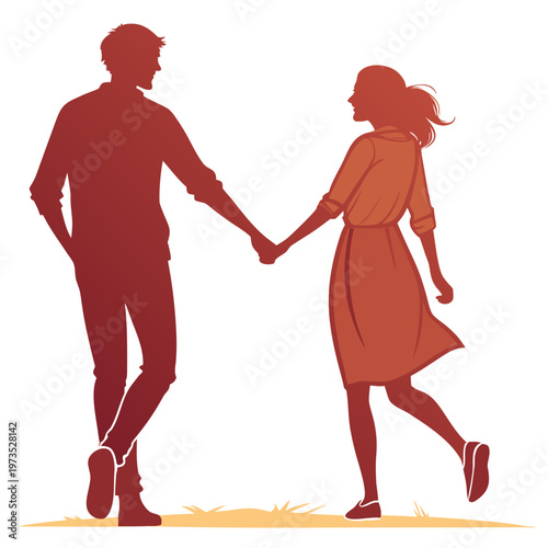A silhouetted couple joyfully walks hand in hand their figures rendered in a warm reddish hue against a simple background